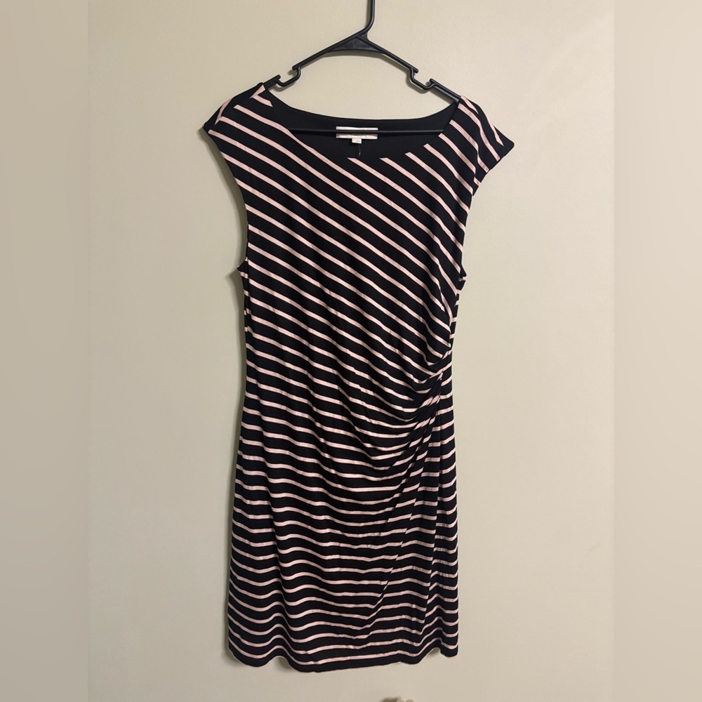 Ann Taylor Loft Striped Sleeveless Round Neck Ruched Side Dress Size Large New
